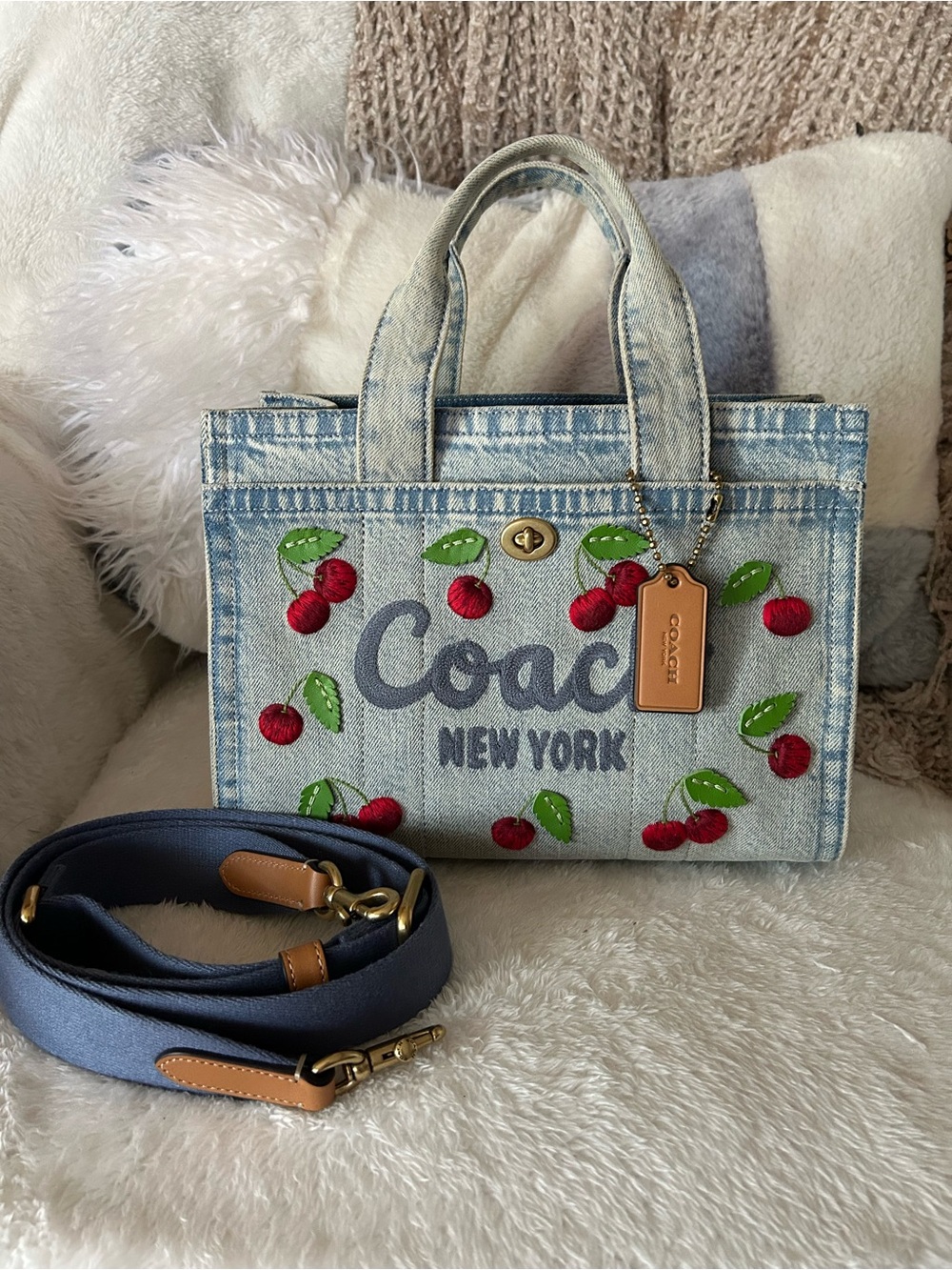 Coach Light Blue Denim Cherry Embroidered Tote